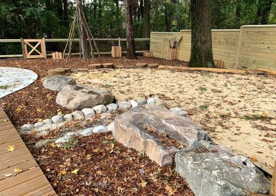 Sand pit with stream and in the background loose parts building